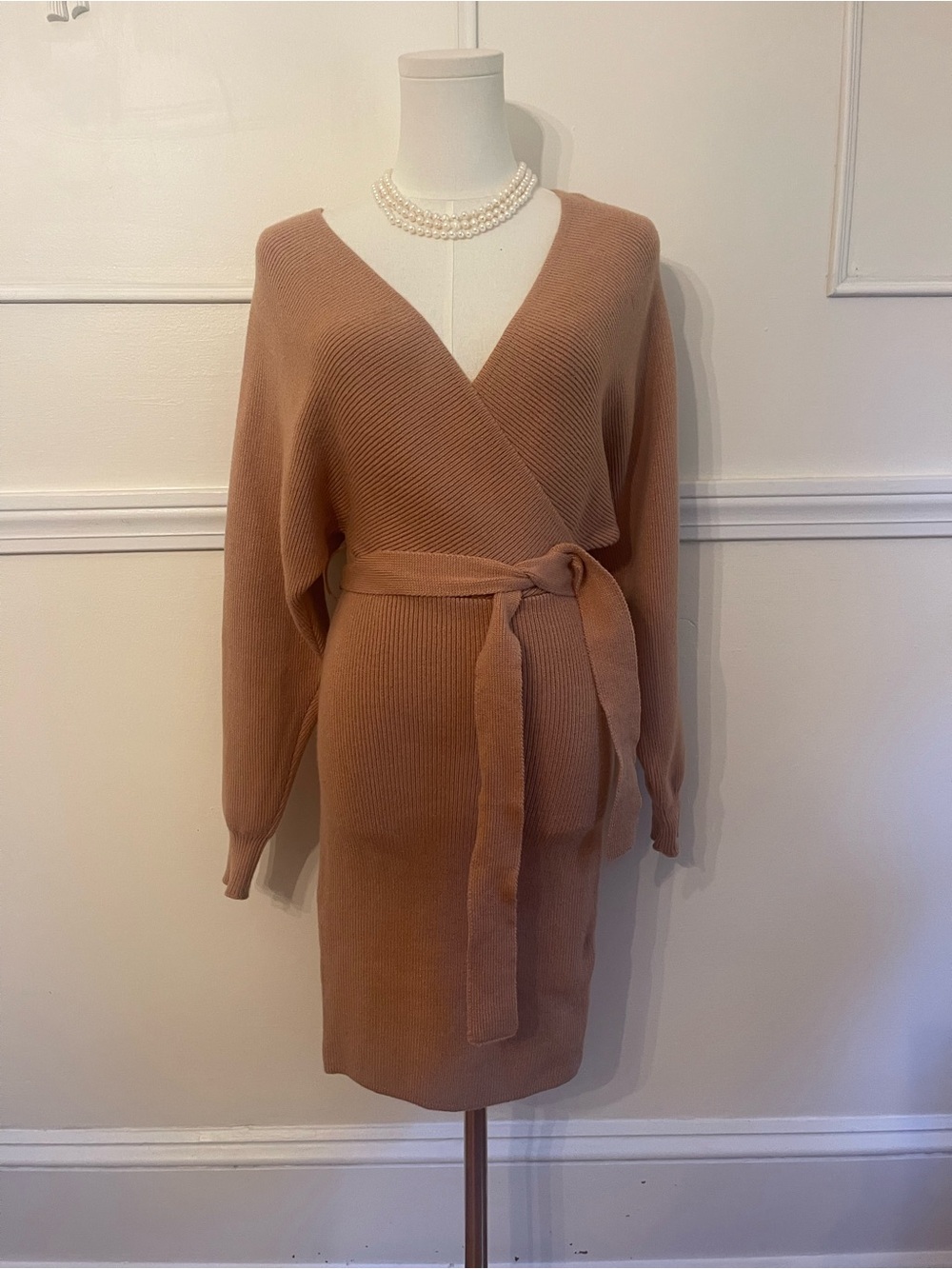 Wrap-Style Knit Dress in Cinnamon - Casual Chic